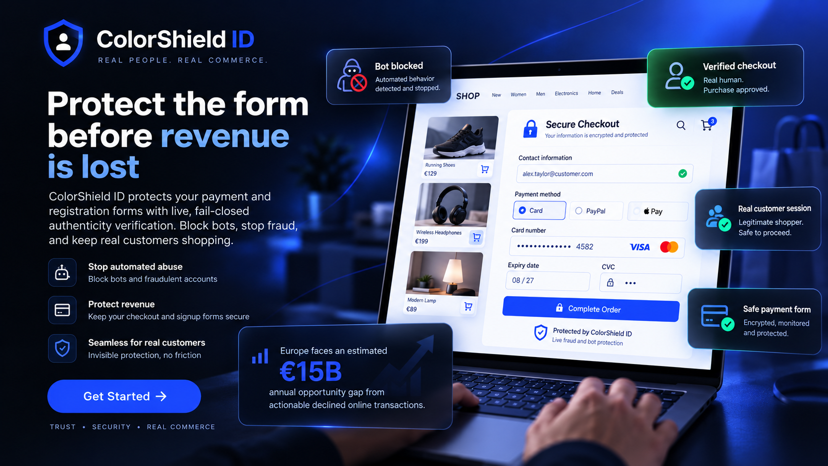 ColorShield ID e-commerce scenario: protected checkout form authenticity with €15B declined-transaction market context