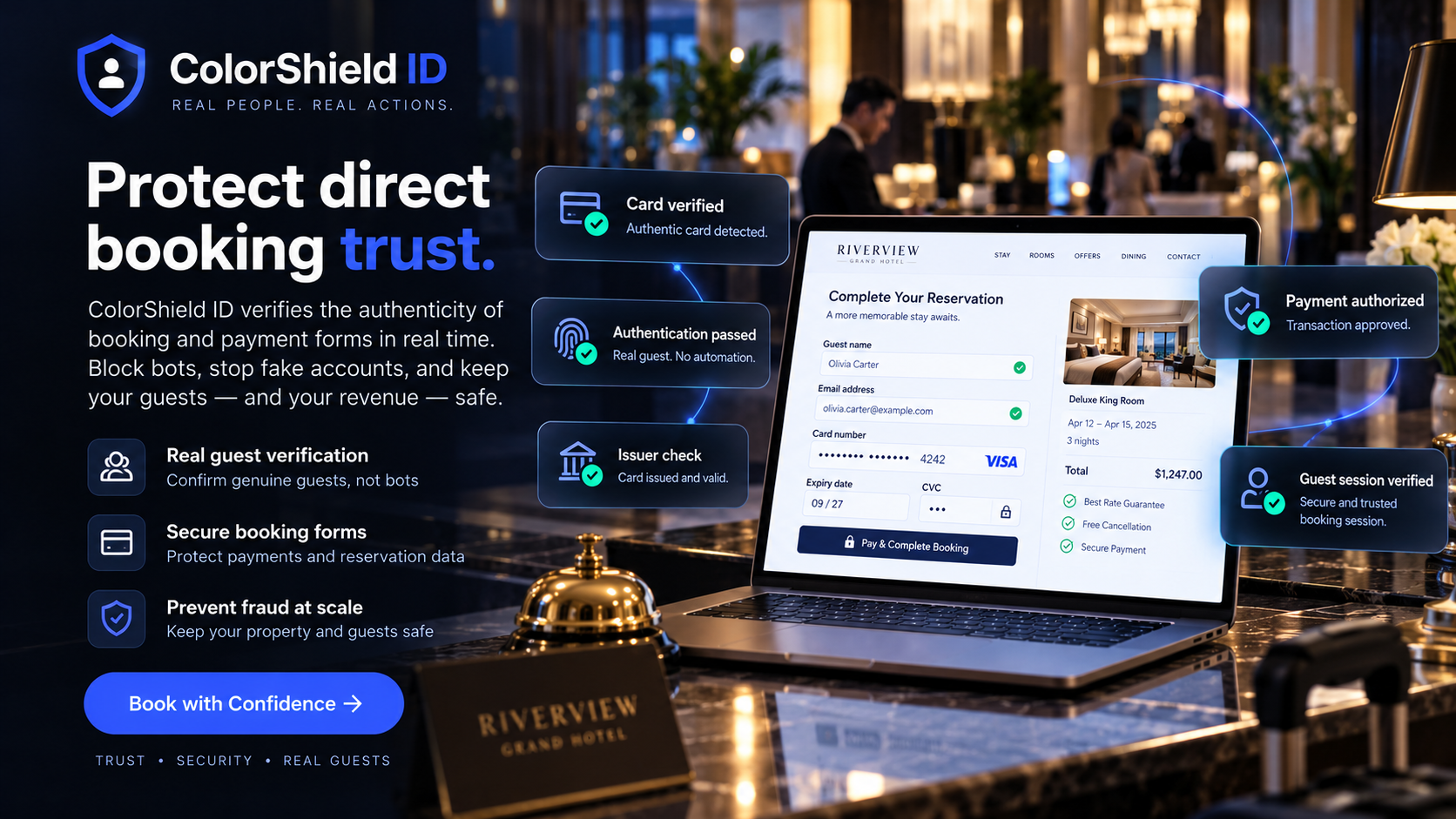 ColorShield ID hospitality scenario: protected direct-booking form in a hotel lobby context